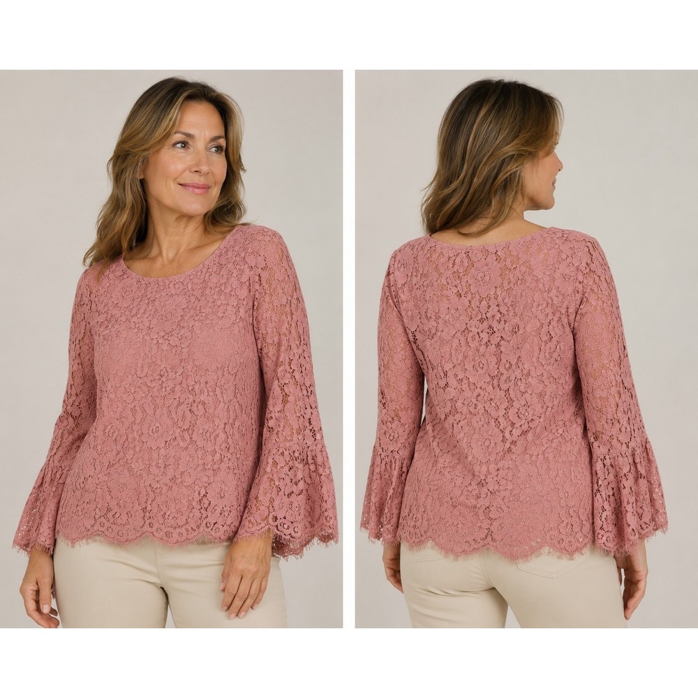 Rose + Olive Blush Pink Floral Lace Bell Sleeve Blouse Top Womens Large Boho